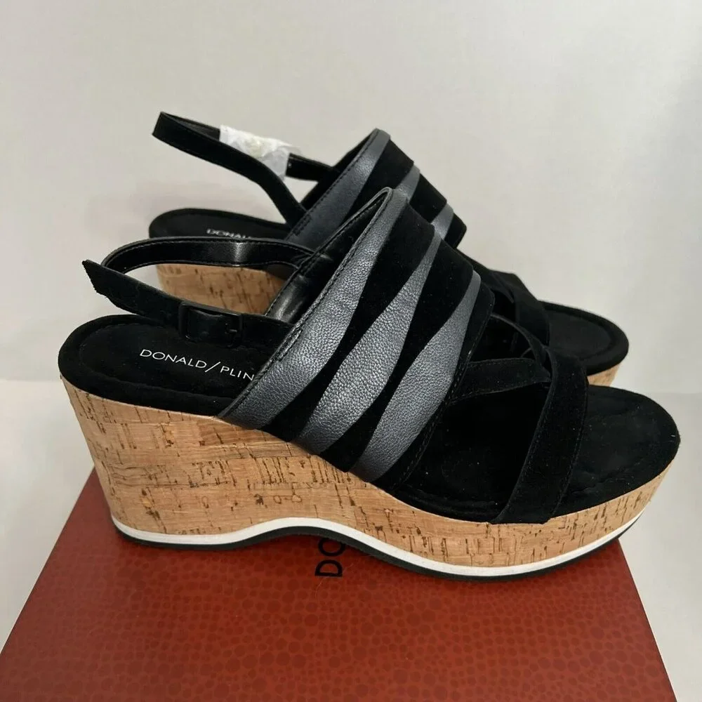 Donald Pliner Valri Wedge Sandals Women's 10 Solid Black Strappy Slingback‎ NWB
